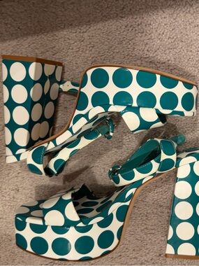 Larroude Teal and White Polka Dot Platform Sandals